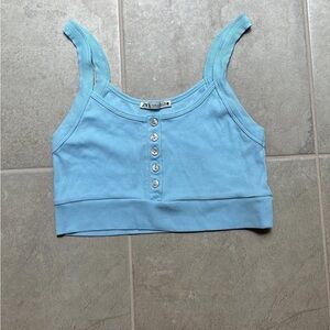 Zara Blue Sleeveless Buttoned Crop Tank Top